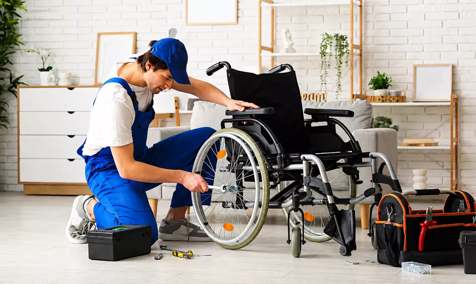 Wheelchair maintenance and safety inspection in a bright home care setting