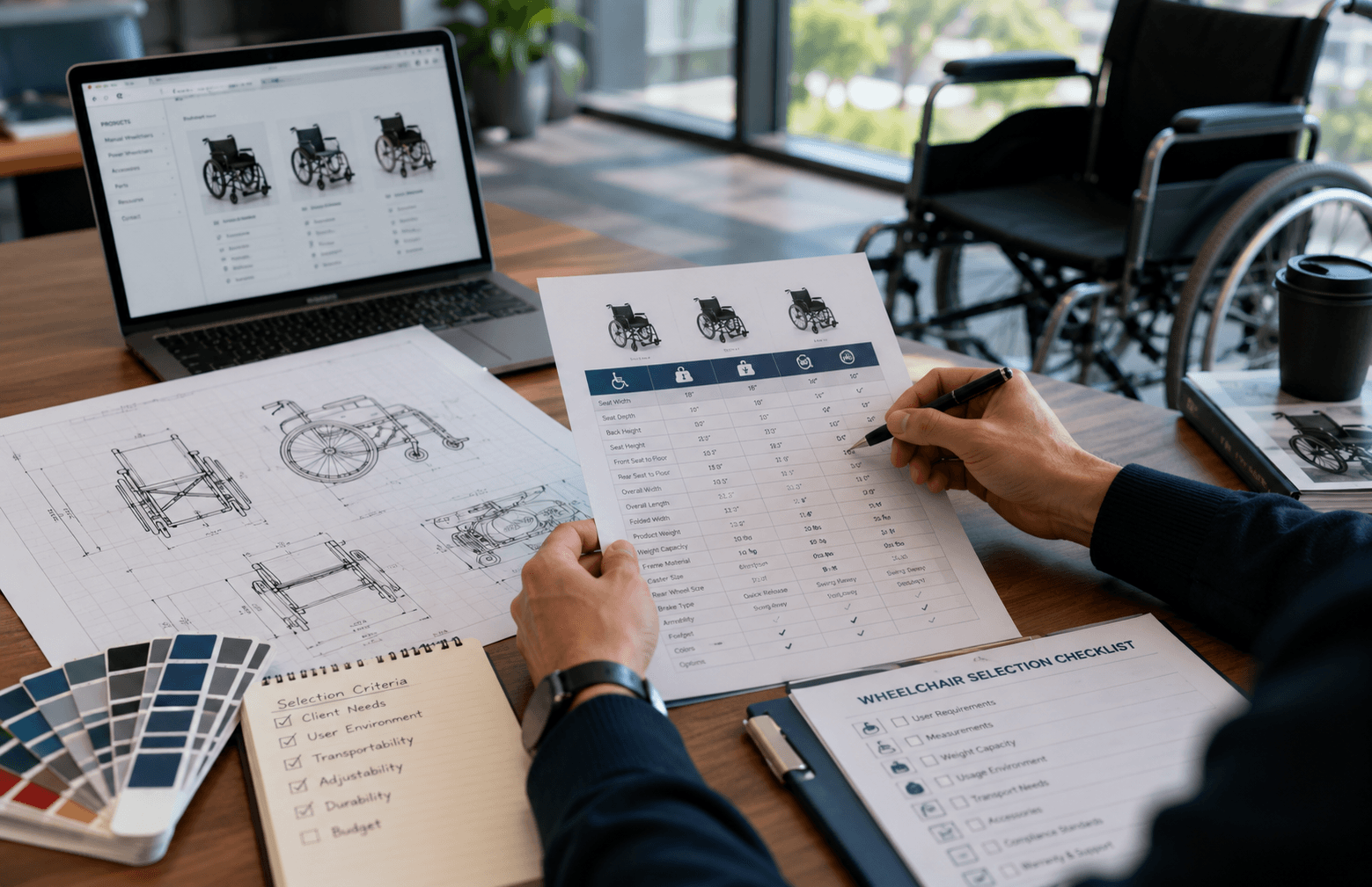 Wheelchair specifications and product selection comparison scene