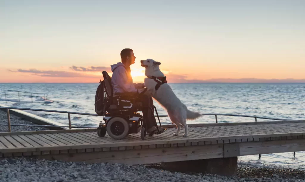A man in an electric wheelchair is sitting by the seaside.