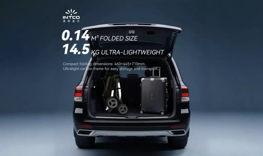 A foldable transportation scooter is placed in the trunk.