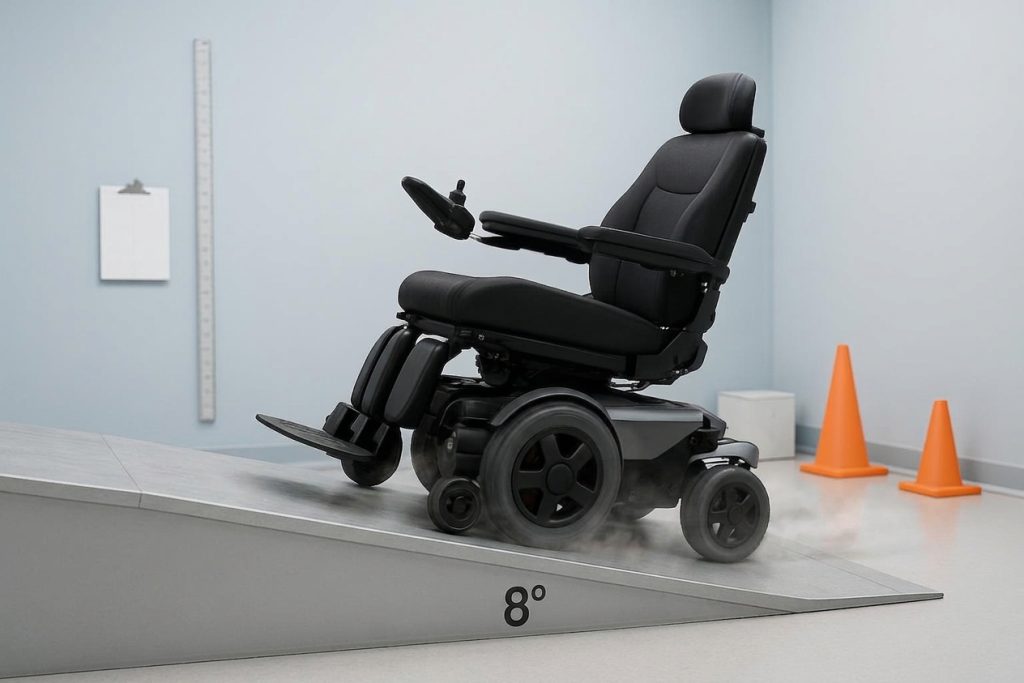 Power wheelchair hill climbing test ramp with slope markings